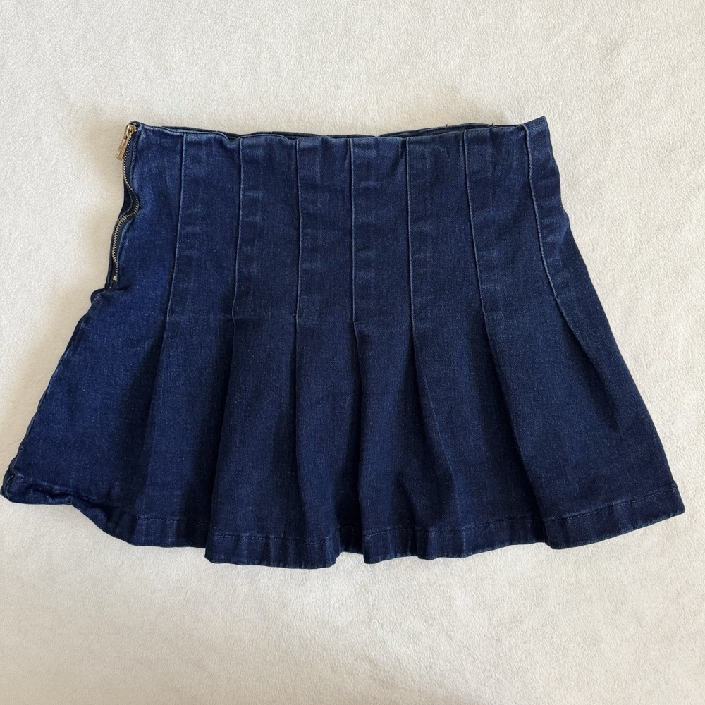Y2K Paris Hilton Denim Mini Skirt Pleated Flare Blue Low Rise Women's 8